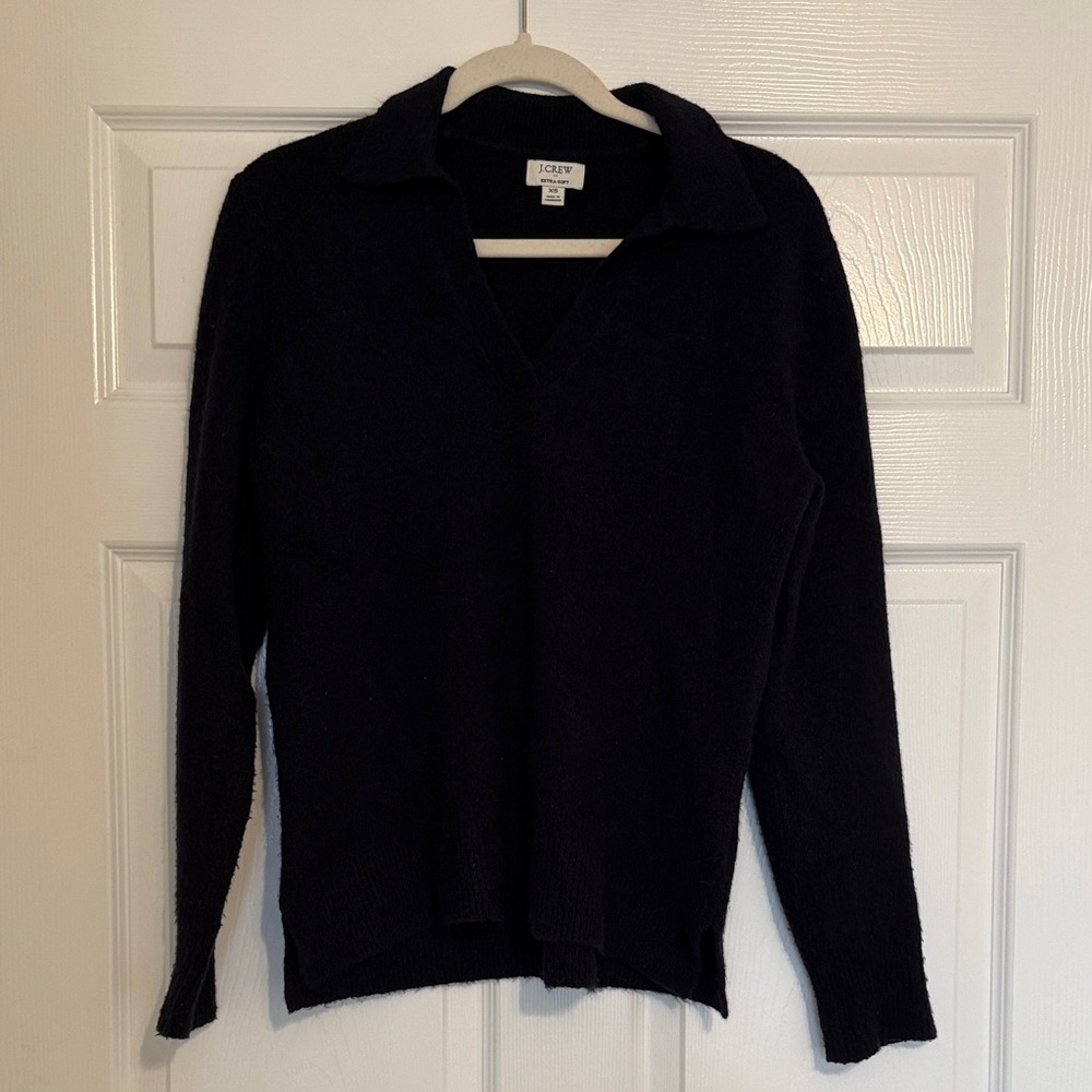 J. Crew Women's Black Extra-Soft V-Neck Collared Sweater
